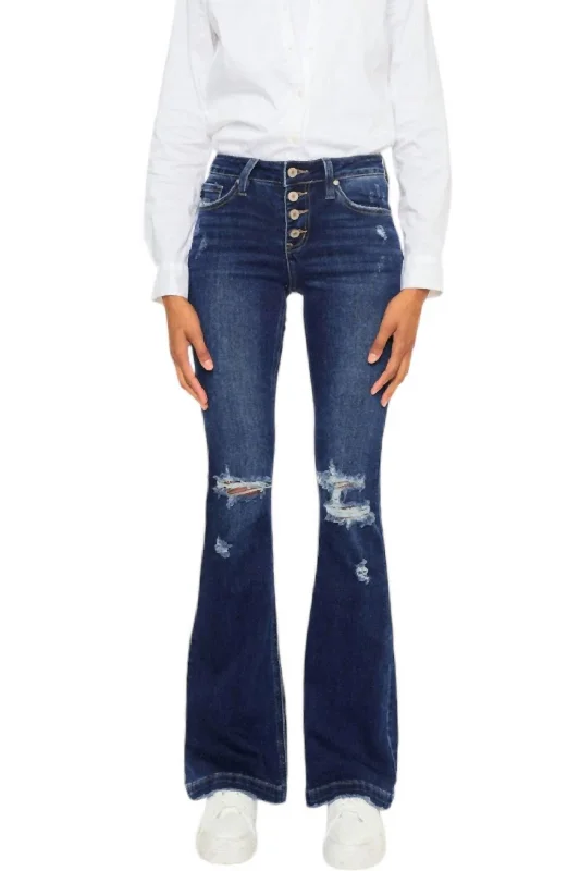 Alisha Distressed Denim Flare Jeans In Denim Blue Trendy Plus Size Jeans