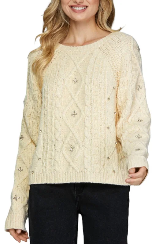 Brulee Rhinestone Detail Sweater In Cream Casual Formal Business