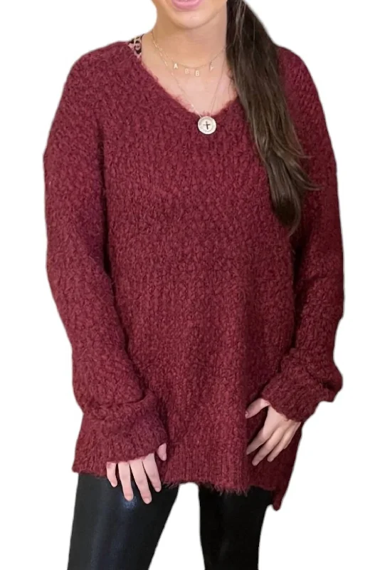 Cabernet Chunky Sweater In Burgundy Satin Blend Silk Blend Wool Blend