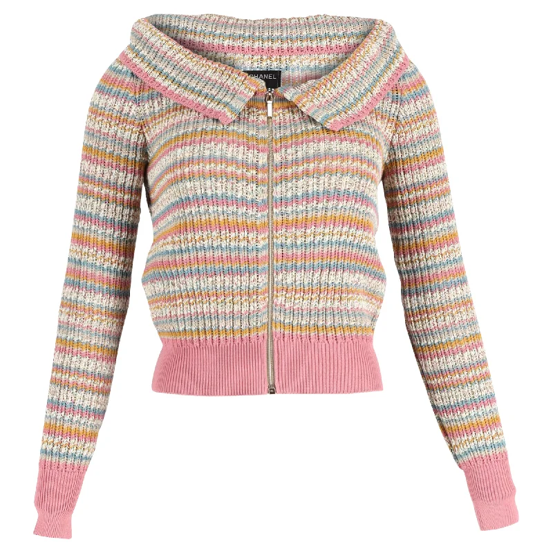 Chanel Knitted Off-Shoulder Zip-Up Sweater in Multicolor Cotton Rayon Fabric Velvet Fabric Corduroy Fabric