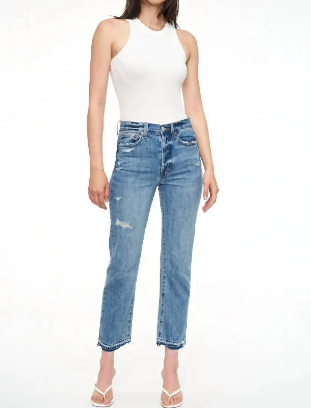 Charlie High Rise Ankle Cut Raw Hem Denim Jeans In Getaway Vintage Classic Button Fly Jeans