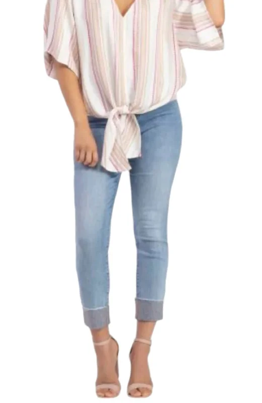Denim Skinny Jeans In Jewel Blue Comfortable Folded Hem Jeans