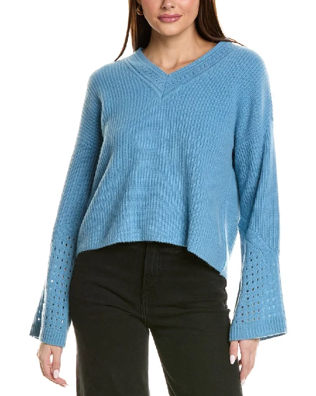 Design History Pointelle Sleeve Cashmere Sweater Striped Floral Plaid