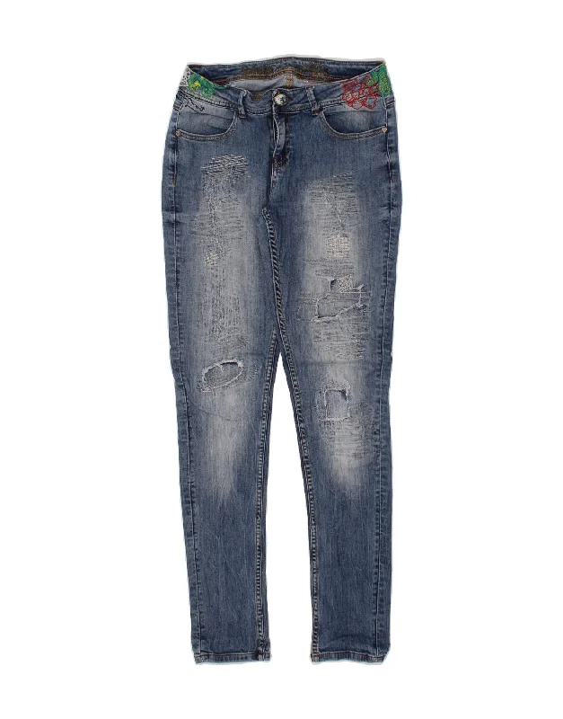 DESIGUAL Womens Distressed Skinny Jeans W29 L32 Blue Floral Comfortable Jogger Style Jeans