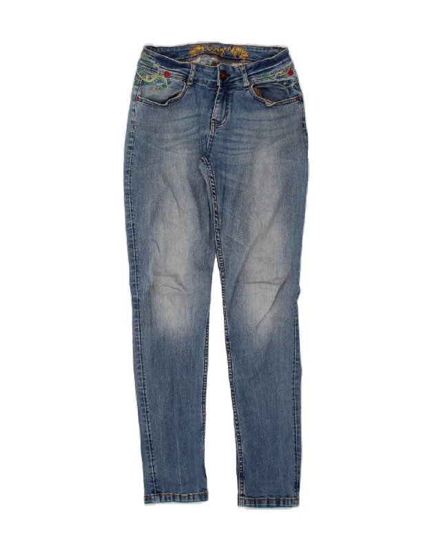 DESIGUAL Womens Skinny Jeans W28 L31 Blue Floral Cotton Chic Faded Blue Jeans