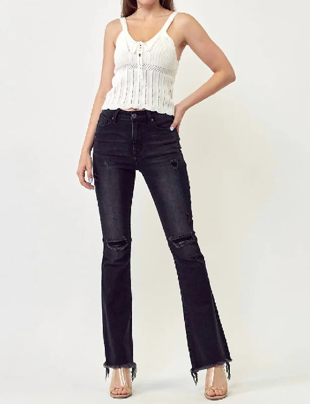 Flare Distressed Knee Jeans In Black Trendy Classic Fit Jeans