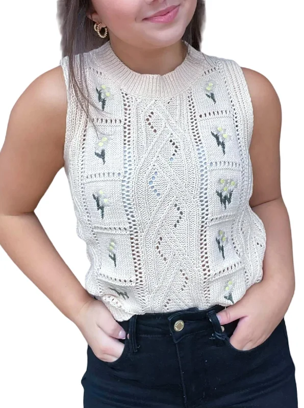 Flower Embroidered Sleeveless Sweater In Ivory Terry Terry Cloth Terry Knit