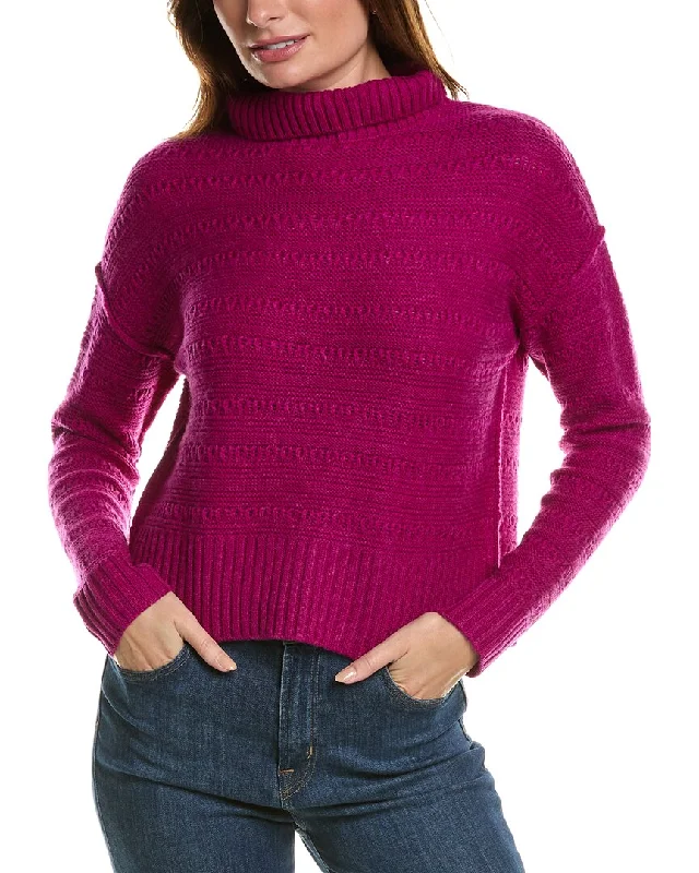 Forte Cashmere Crop Textured Mock Neck Wool & Cashmere-Blend Sweater Ribbed Striped Patterned