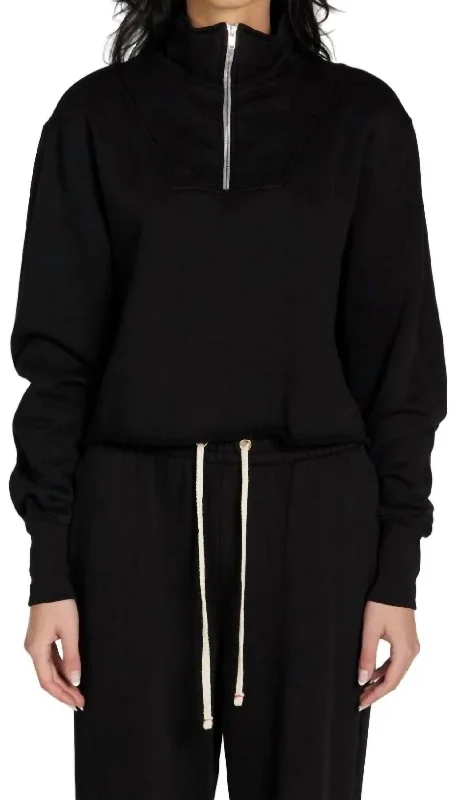 Haley Crop Half Zip Pullover Sweater In Jet Black Fleece Fabric Down Fabric Feather Fabric