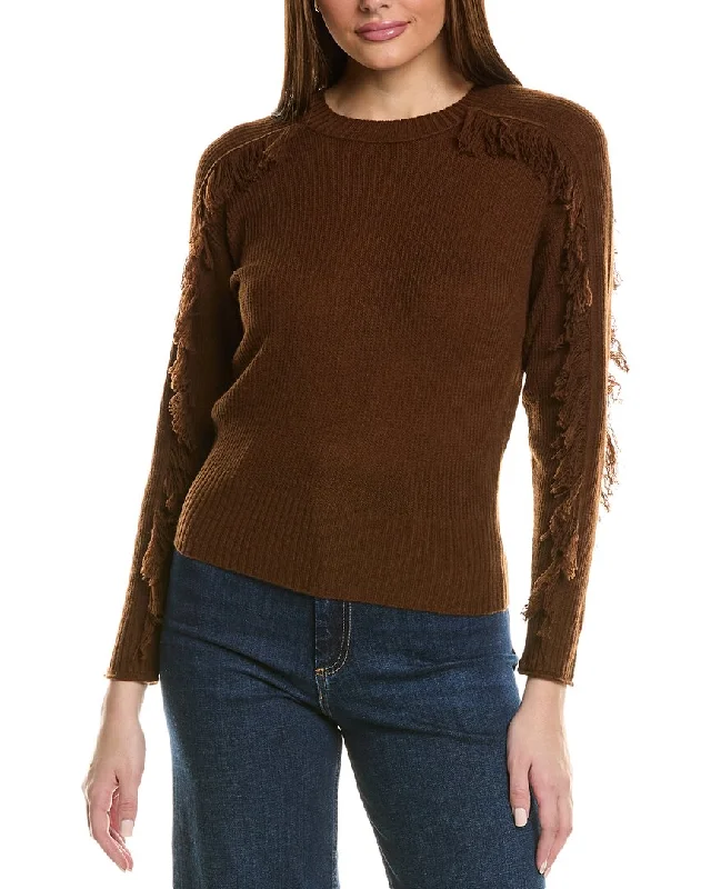 Hannah Rose Fringe Sleeve Wool & Cashmere-Blend Sweater Toggled Drawstring Belted