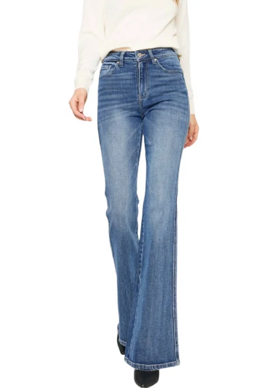 Jessica Denim Flare Jeans In Medium Stone Wash Trendy Button-Up High-Waist Jeans