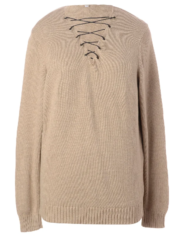 Label Light Brown Lace Up Jumper Welt Pockets Slit Pockets Flap Pockets