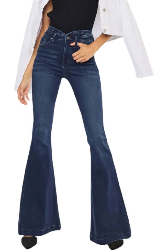 Lari Denim Flare Jeans In Dark Fashionable Raw Hem Bootcut Jeans