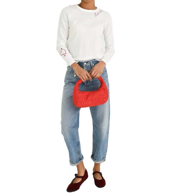 Love D Stitch Crew Sweater In White/red Neon Metallic Matte