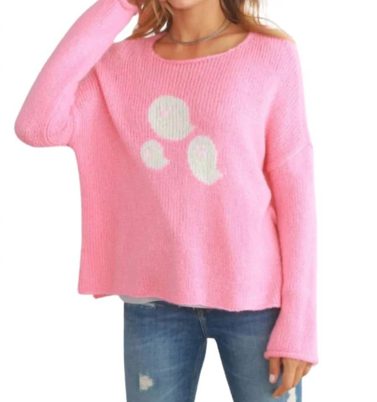 Mini Ghosts Crew Sweater In Pretty Pink Striped Floral Plaid