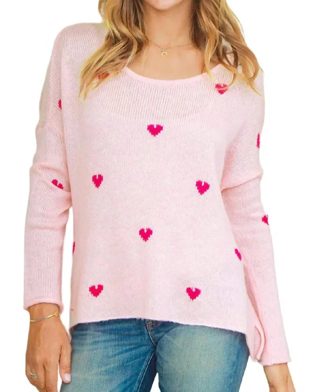 Mini Hearts Crew Sweater In Arctic Pink Houndstooth Herringbone Solid