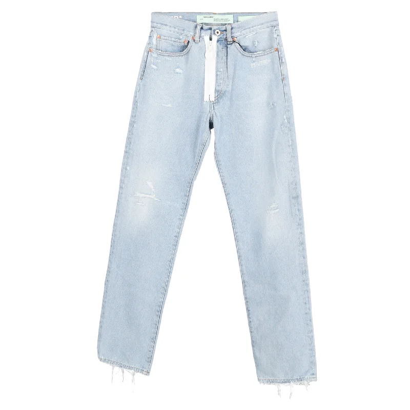 Off-White c/o Virgil Abloh Mid-Waist Distressed Jeans in Light Blue Cotton Stylish Bootcut Denim Jeans