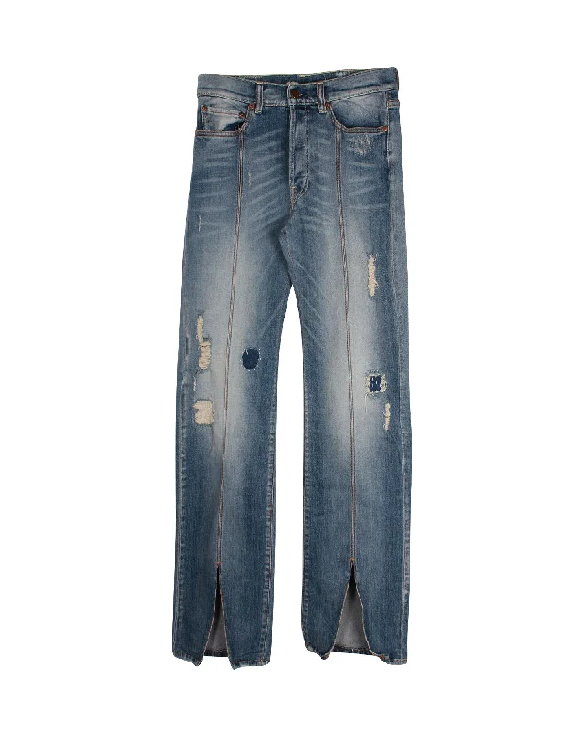 Off-White Distressed Straight Leg Denim Jeans in Blue Cotton Trendy Low-Rise Bootcut Jeans