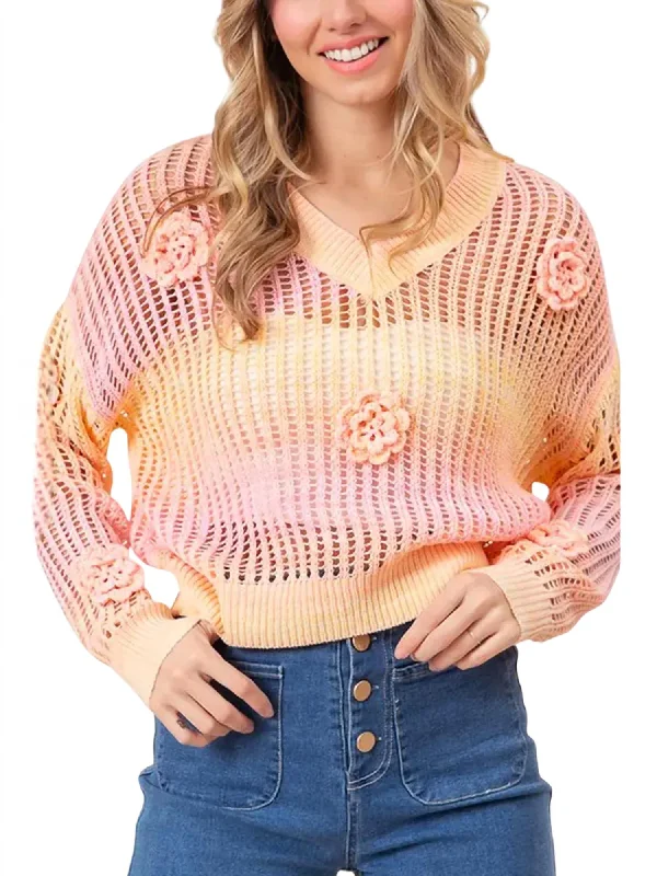 Ombre Crochet Sweater In Peach,blush Plaid Sweater Polka Dot Checkered
