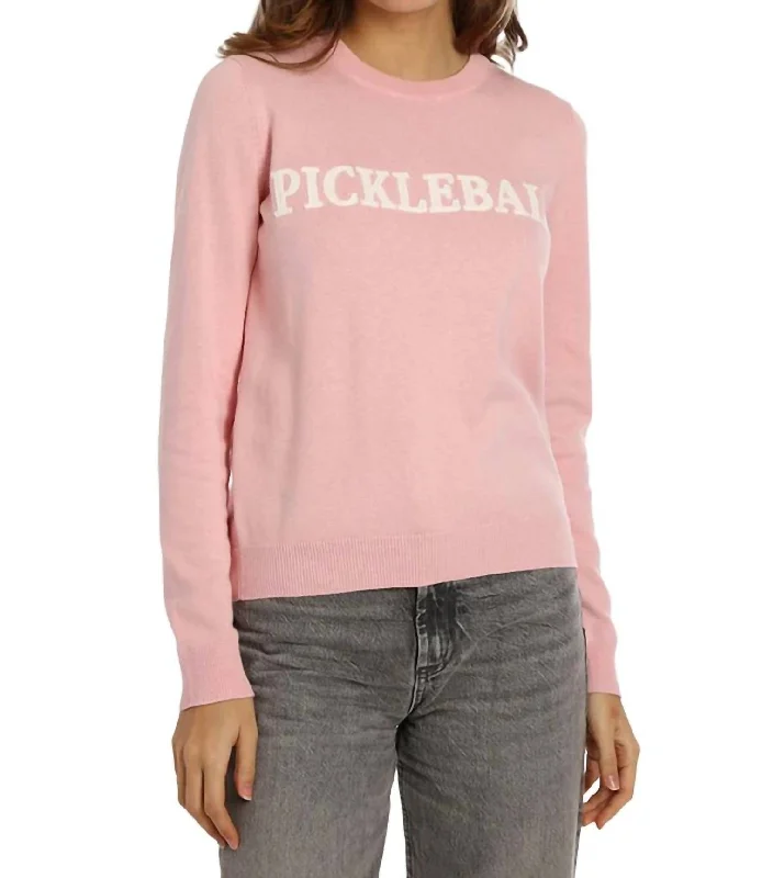 Pickleball Embroidery Crew Sweater In Pink Bellini Velvet Chenille Corduroy