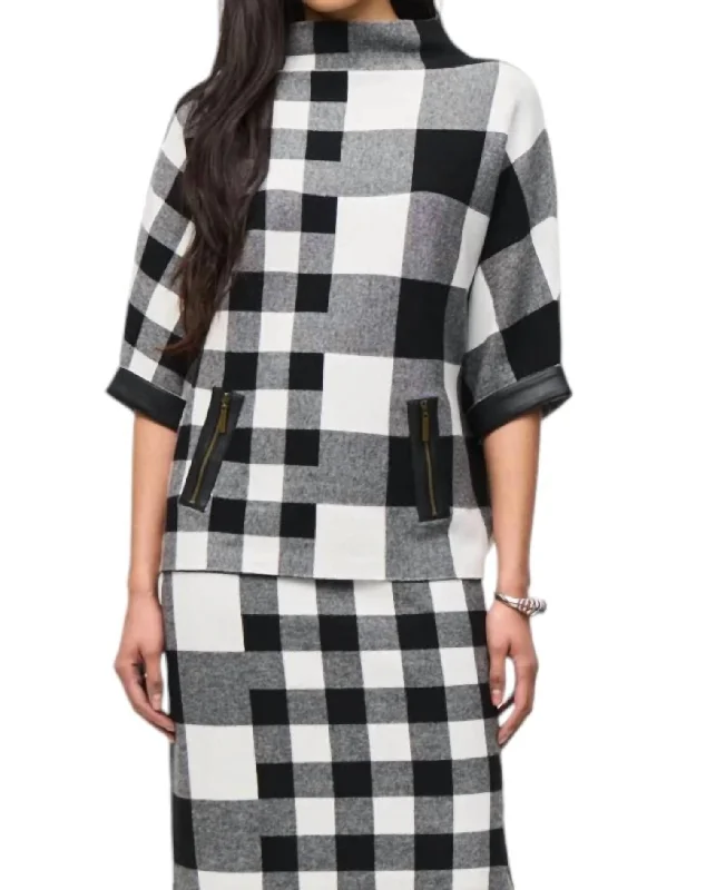 Plaid Jacquard Knit Sweater In Black/vanilla Modern Contemporary Chic