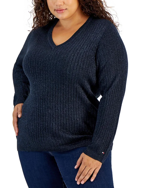 Plus Womens Metallic V-Neck Pullover Sweater Knit Fabric Woven Fabric Fleece Fabric