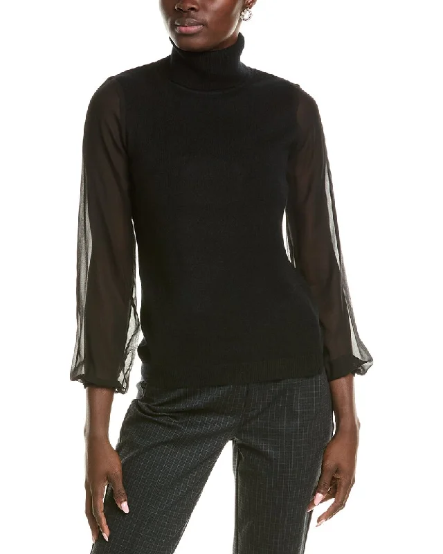 sofiacashmere Chiffon Silk Sleeve Turtleneck Cashmere Sweater Print Jacquard Patchwork sofiacashmere Chiffon Silk Sleeve Turtleneck Cashmere Sweater Print Jacquard Patchwork