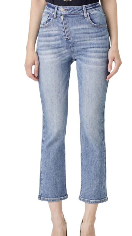 Straight Leg Asymetrical Zipper Jeans In Light Denim Fashionable White Denim Jeans