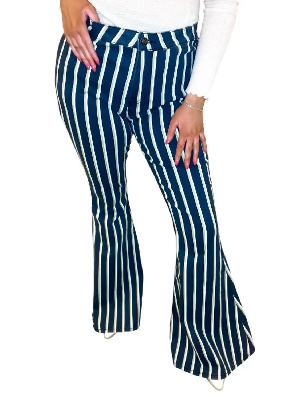 Stripe Flare Jeans In White & Green Pinstripe Stylish Plus Size Denim Jeans
