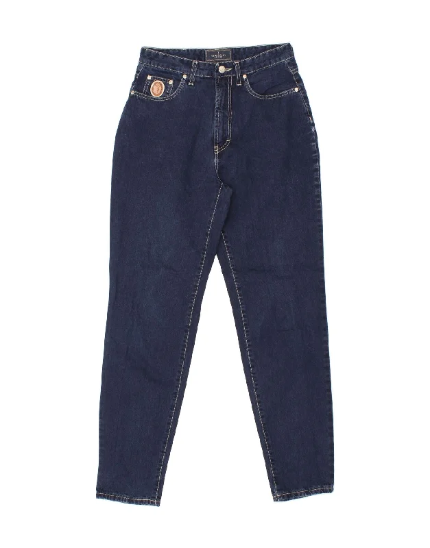 TRUSSARDI Womens High Waist Tapered Jeans W30 L31 Navy Blue Cotton Trendy Low-Rise Slim Jeans