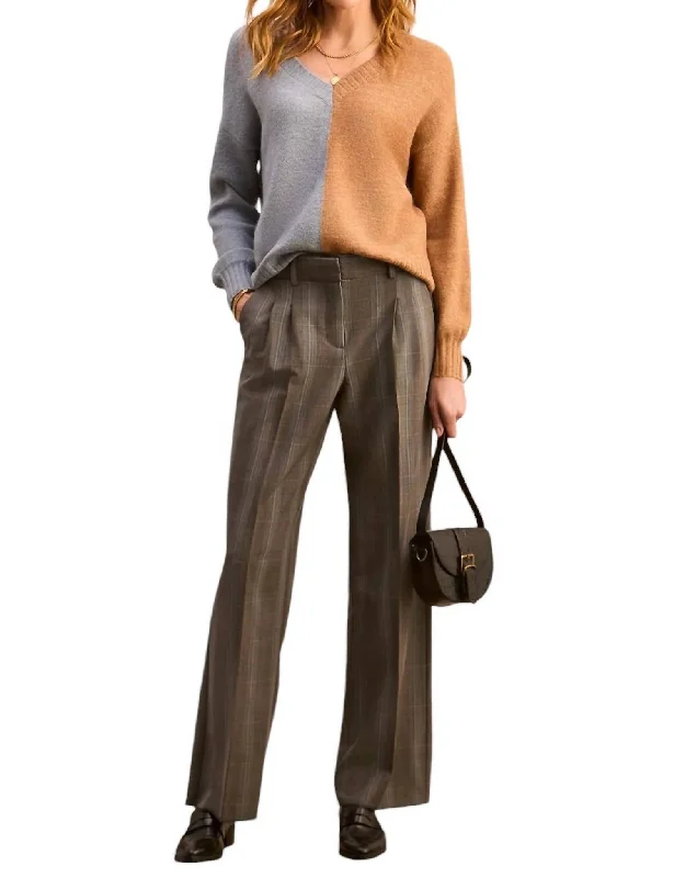 V-Neck Two Tone Sweater In Cinnamon Toggled Drawstring Belted
