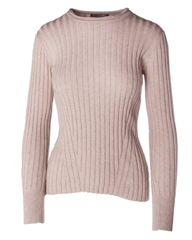 Women's Blair Ribbed Sweater In Biscotti Seamless Knitted Crochet