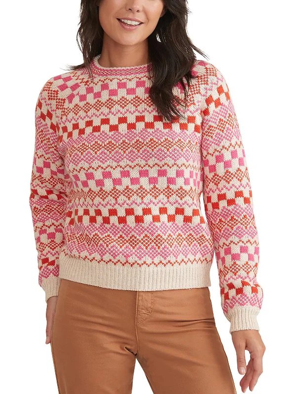 Womens Knit Fair Isle Pullover Sweater Front Pockets Side Pockets Patch Pockets