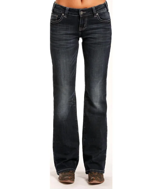 Women's Riding Jeans Simple Embroidered Pockets In Dark Wash Comfortable Folded Hem Jeans
