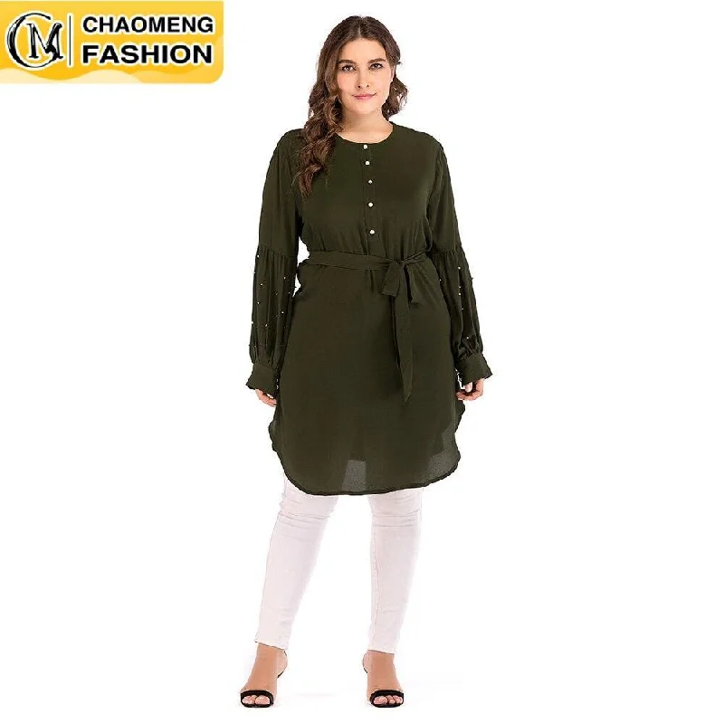2072#Plus Size Fashion Design Blouse Mujer Chiffon High Quality Belt Tied Waist Smart Business Blouse