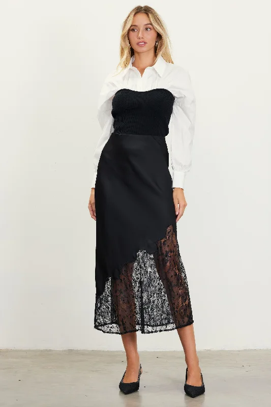 Asymmetrical Lace Satin Skirt high slit skirt