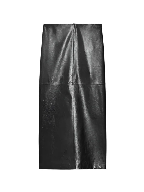 Bairo Nappa Leather Midi Skirt in Black silk skirt lustrous