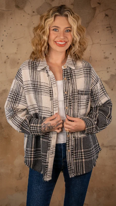 Baylee Black Mix Plaid Shacket Stretchy Fitted Blouse