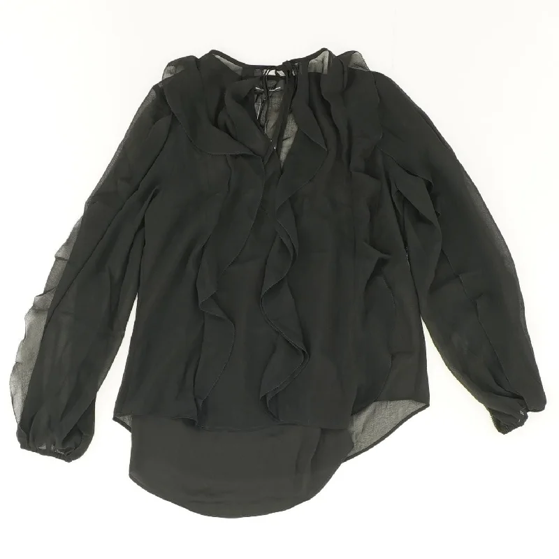 Black Solid Long Sleeve Blouse Sheer Mesh Blouse