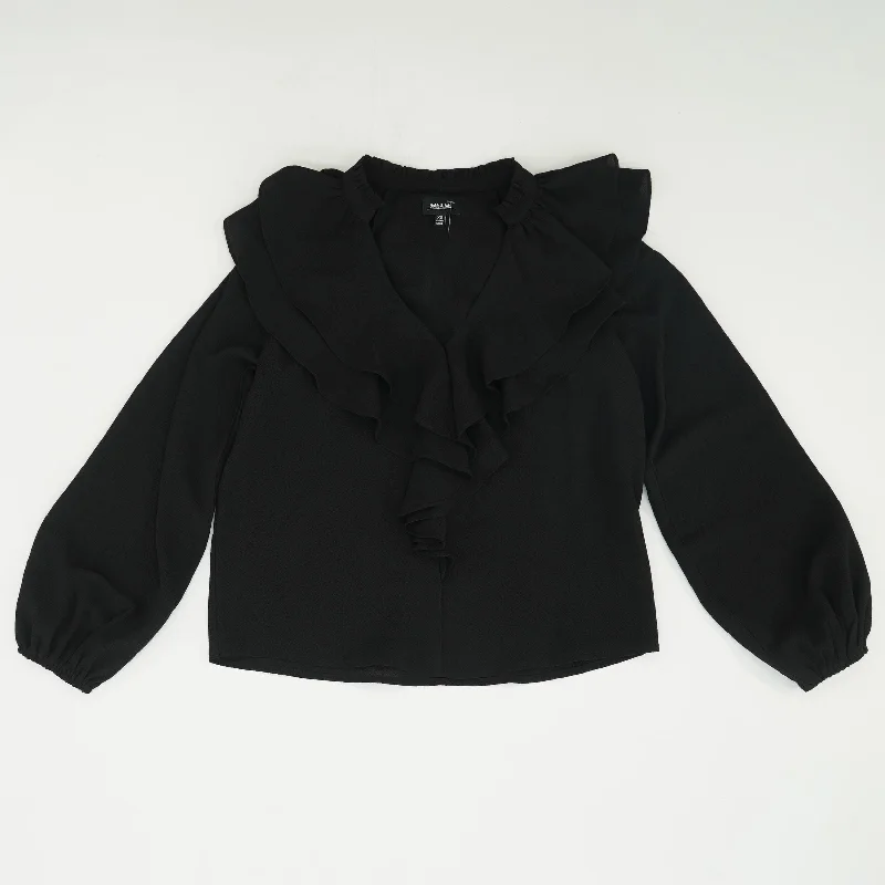 Black Solid Long Sleeve Blouse Stretchy Fitted Blouse