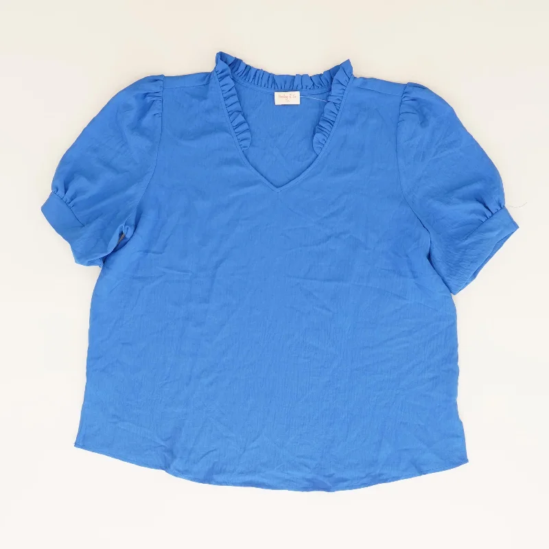 Blue Solid Short Sleeve Blouse Classic White Blouse