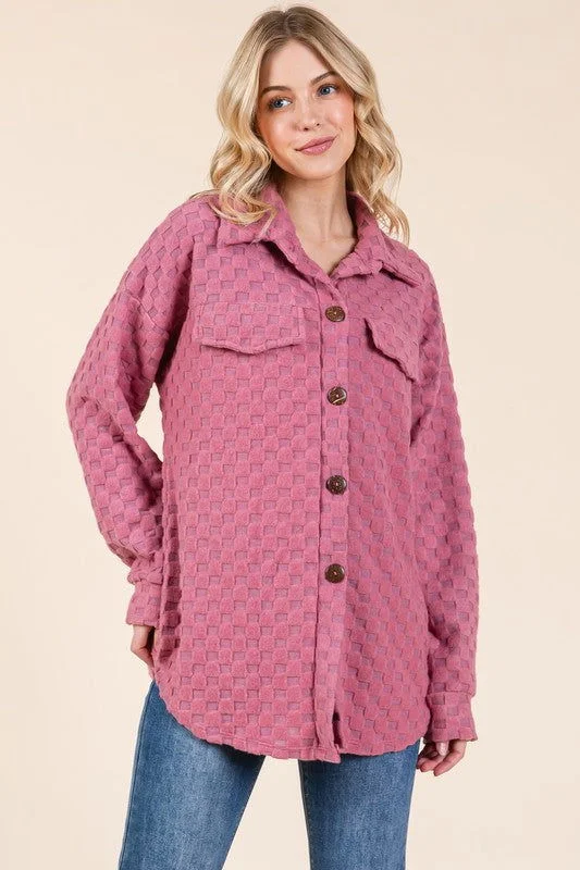 BOMBOM Checkered Button Down Dropped Shoulder Shacket - Rose Airy Cotton Blouse