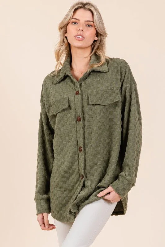 BOMBOM Checkered Button Down Dropped Shoulder Shacket Stylish Wrap Blouse