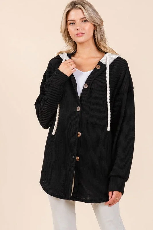 BOMBOM Textured Button Down Drawstring Hooded Shacket In Black Sleeveless Chiffon Blouse