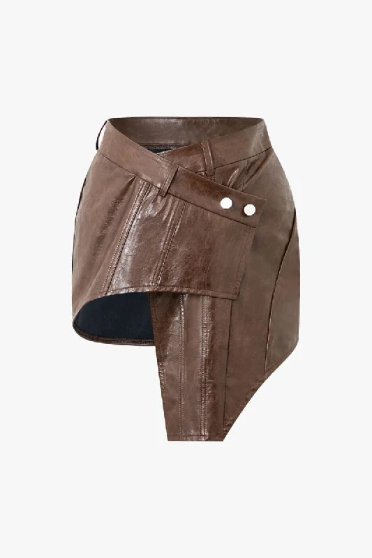 Brown Asymmetrical Leather Mini Skirt velvet skirt luxurious