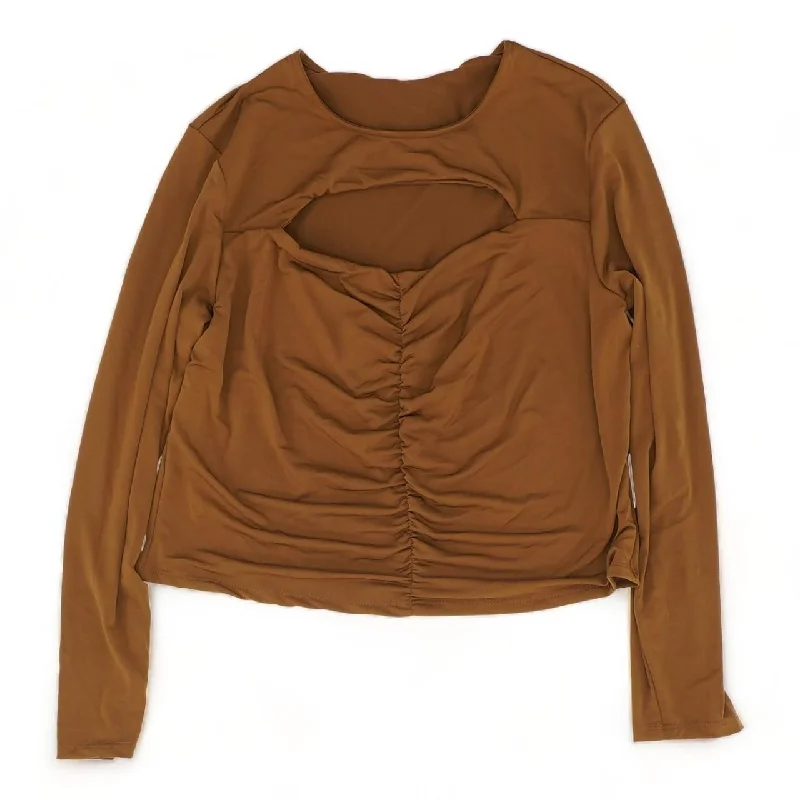 Brown Solid Long Sleeve Blouse Collared Satin Blouse