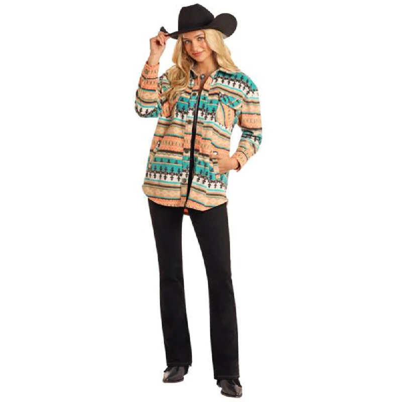 BW92C05212 Rock & Roll Women's Aztec Fleece Shacket - Turquoise Sheer Mesh Blouse