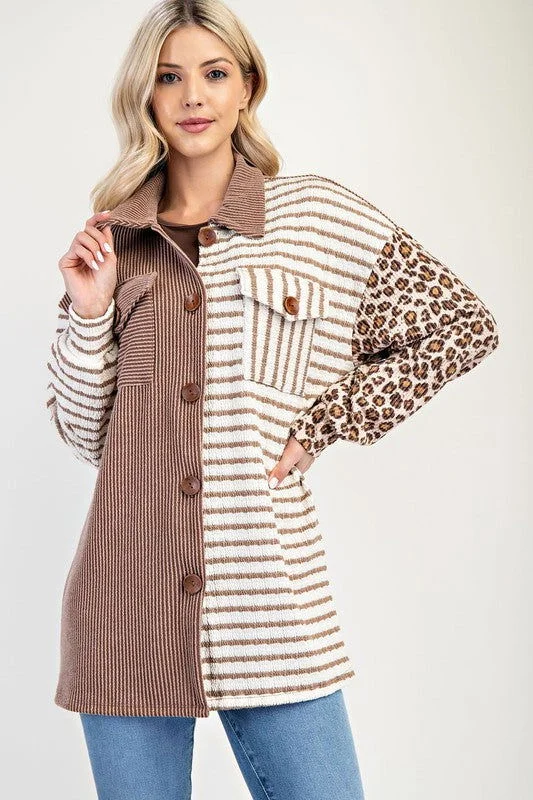 Celeste Full Size Leopard Contrast Button Up Shacket Soft Pastel Blouse