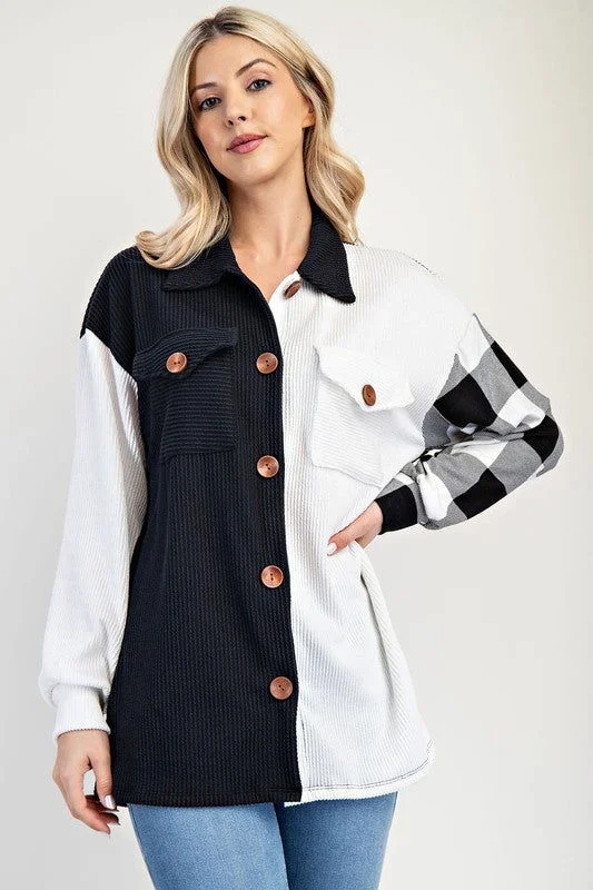 Celeste Full Size Plaid Contrast Button Up Shacket Versatile Layering Blouse
