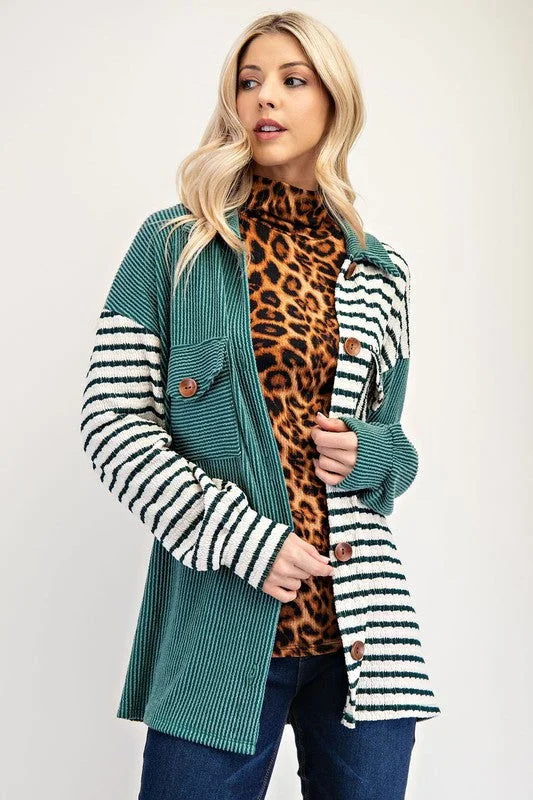 Celeste Full Size Striped Button Up Dropped Shoulder Shacket Soft Satin Blouse
